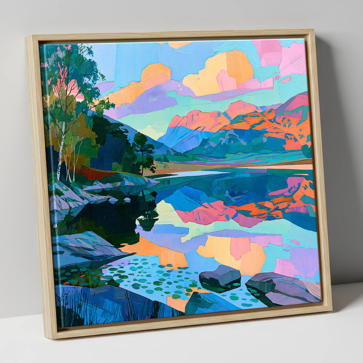 Pastel Dawn Over Still Lake lake district lake canvas wall art in natural frame
