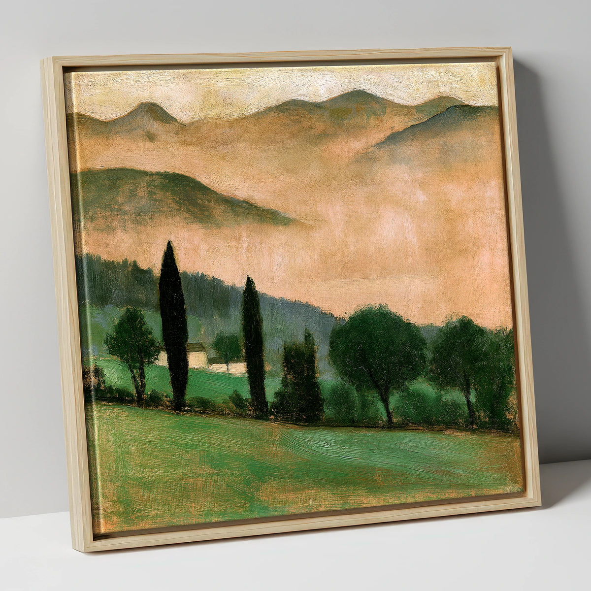 Terracotta Dawn over Misty Valley lake district sky canvas wall art in natural frame
