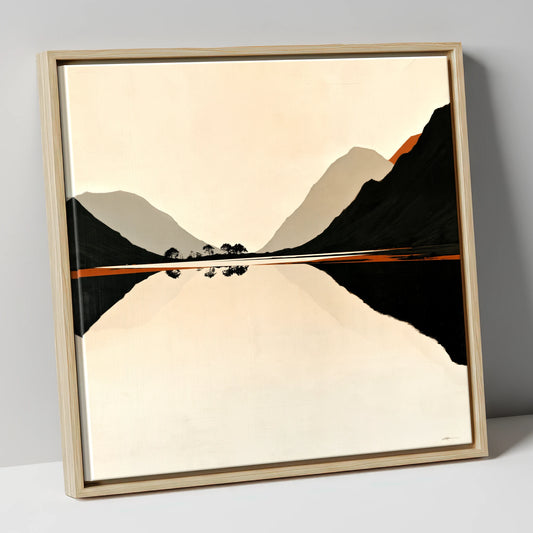 Minimalist Dawn Lake Silhouette lake district lake canvas wall art in natural frame