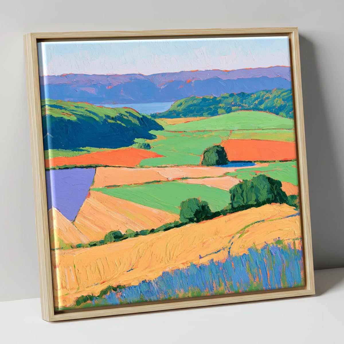 Luminous Patchwork Dale Fields lake district valley canvas wall art in natural frame