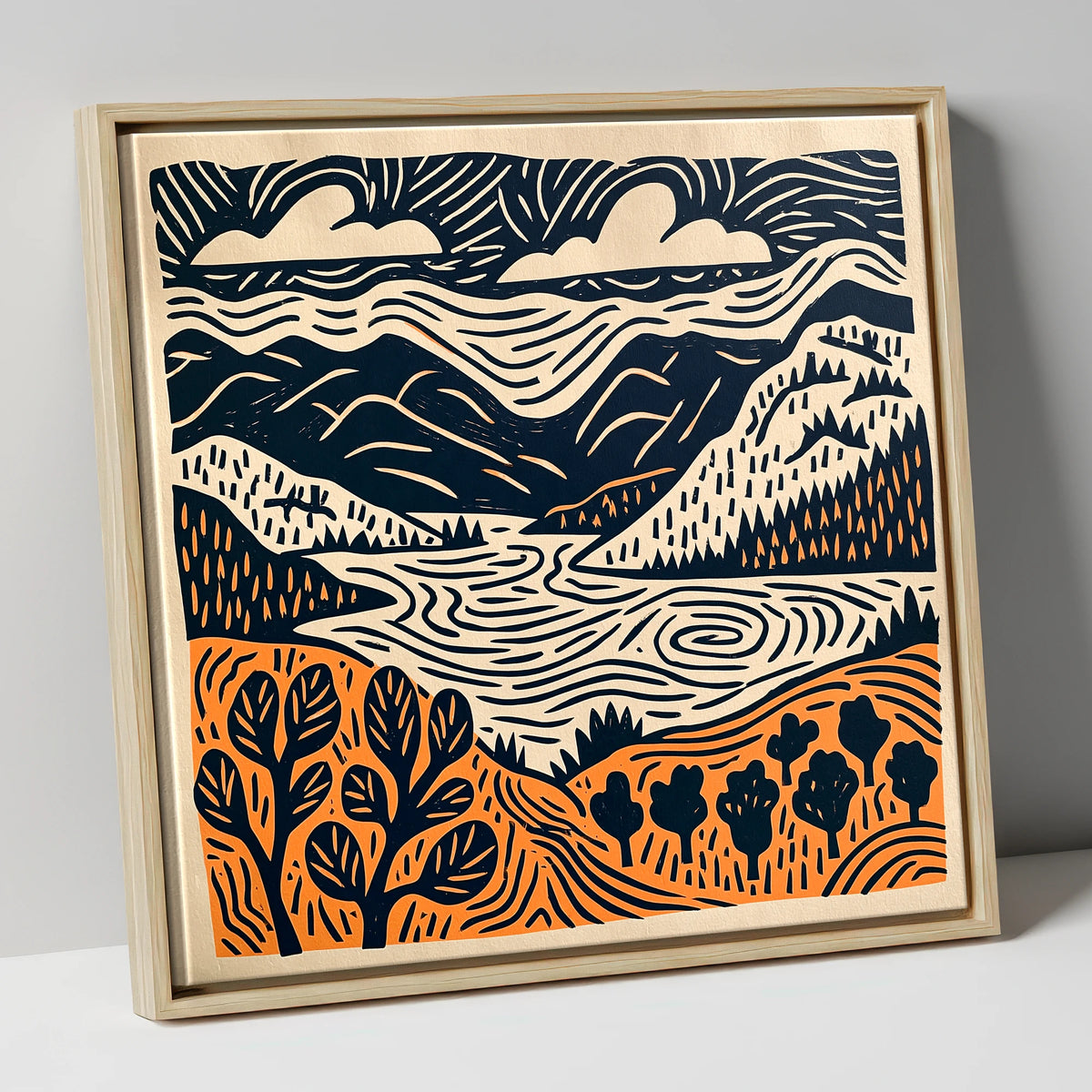 Winding Lake and Terracotta Fells lake district lake canvas wall art in natural frame