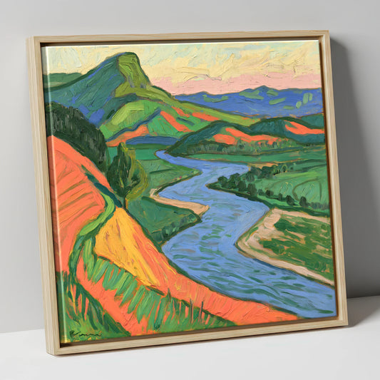 Vivid Orange and Green River Valley lake district waterfall canvas wall art in natural frame