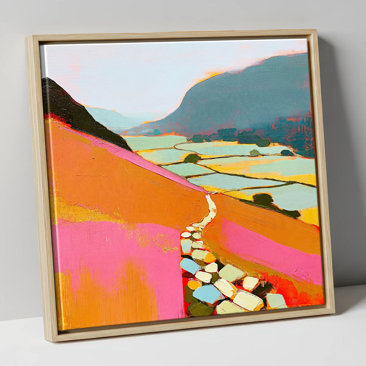 Colourful Fell Path to Patterdale lake district village canvas wall art in natural frame