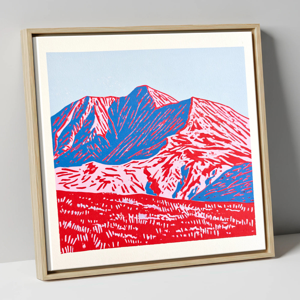 Graphic Red and Blue Helvellyn lake district fell canvas wall art in natural frame