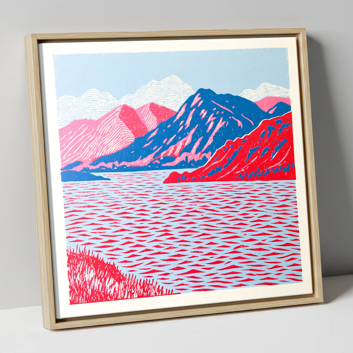Ullswater in Vivid Red and Blue lake district lake canvas wall art in natural frame