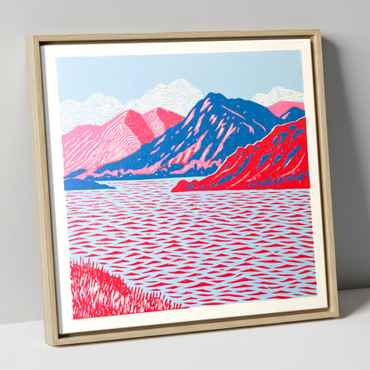 Ullswater in Vivid Red and Blue lake district lake canvas wall art in natural frame