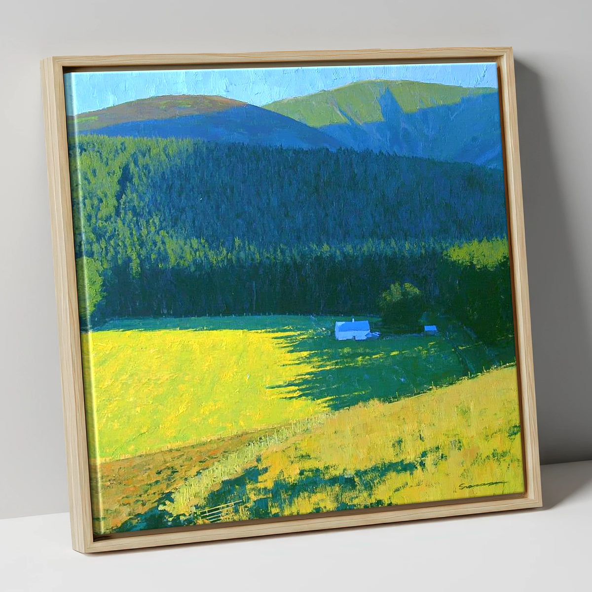 Sunlit Farm Under Whinlatter Forest lake district fell canvas wall art in natural frame