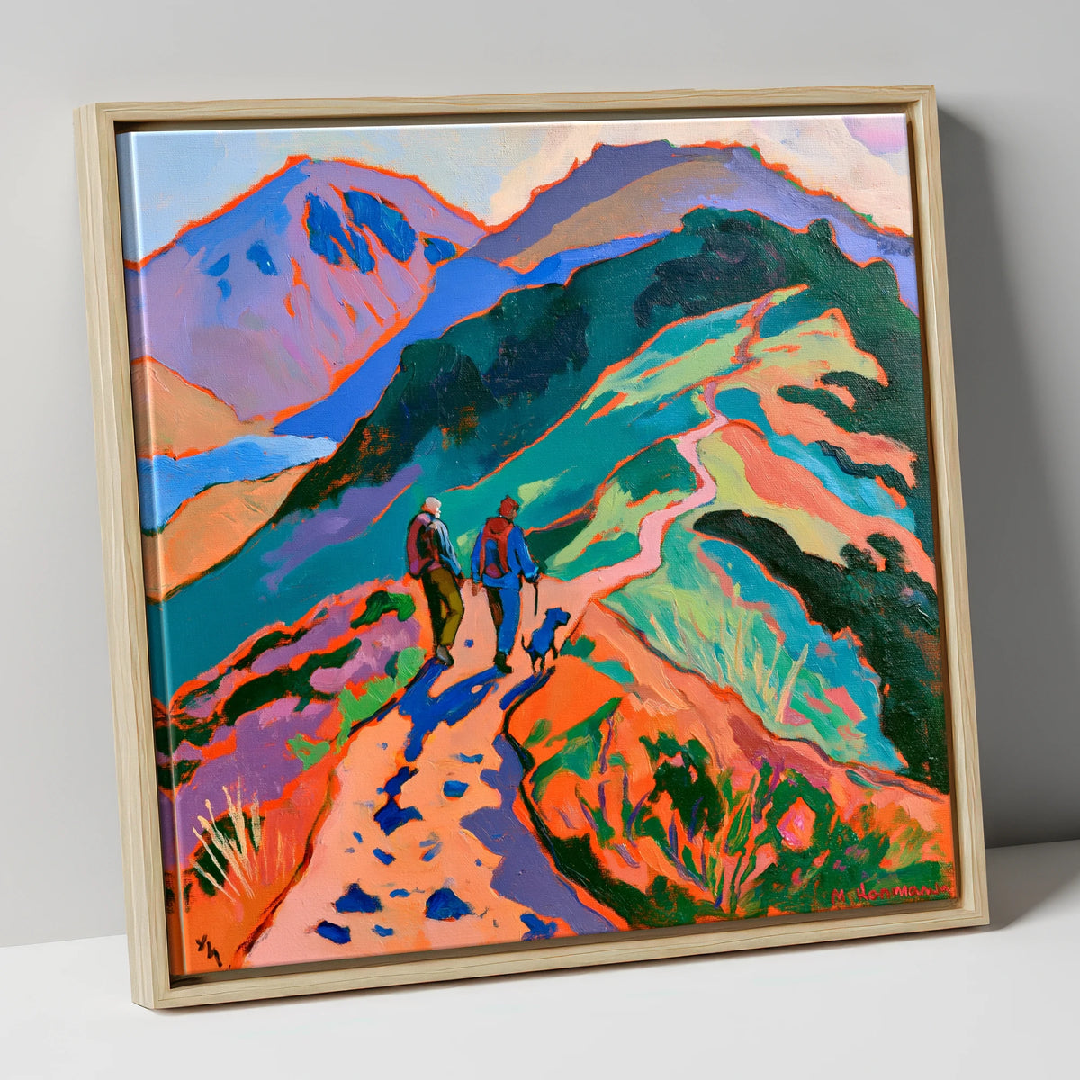 Colourful Haystacks Walk With Dog gifts for dog walkers canvas wall art in natural frame