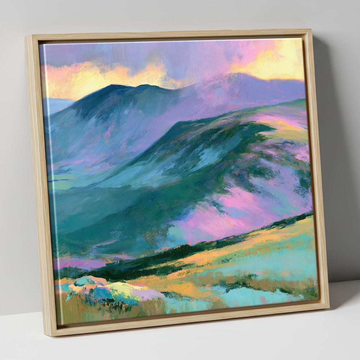 Mountain Summit in Pastel Light lake district fell canvas wall art in natural frame