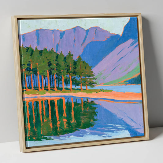 Vibrant Scots Pines at Buttermere lake district lake canvas wall art in natural frame