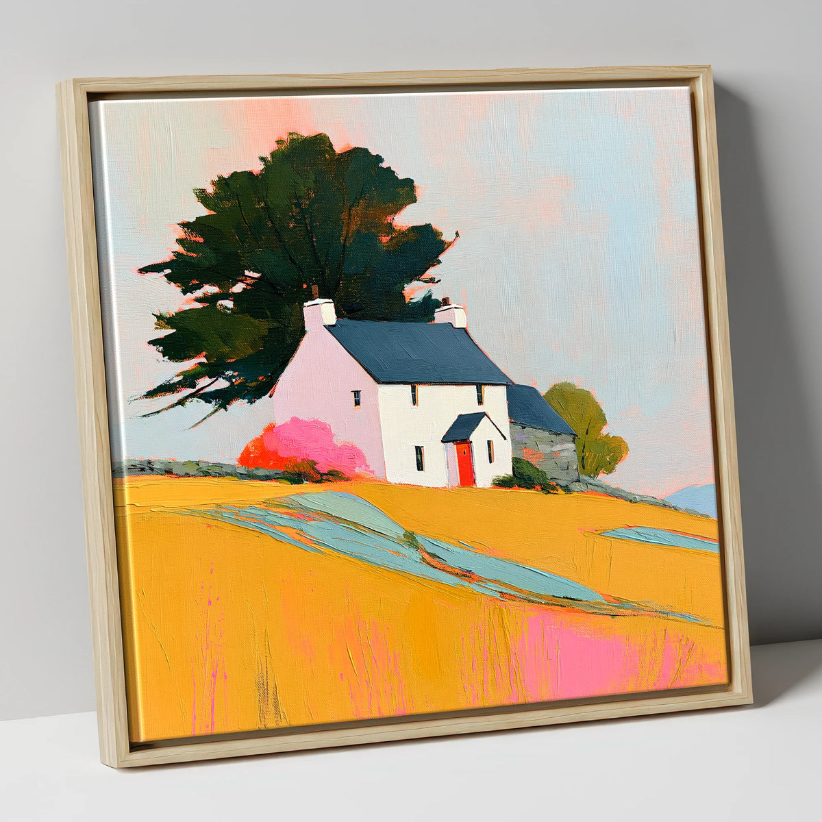 White Stone Cottage in Golden Fields lake district village canvas wall art in natural frame