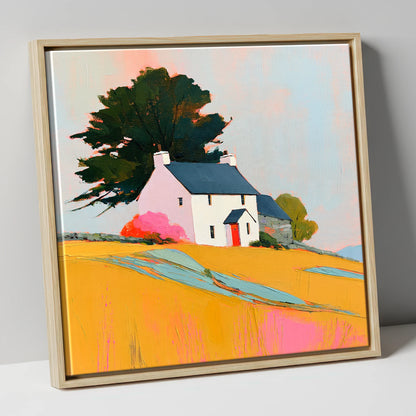 White Stone Cottage in Golden Fields lake district village canvas wall art in natural frame