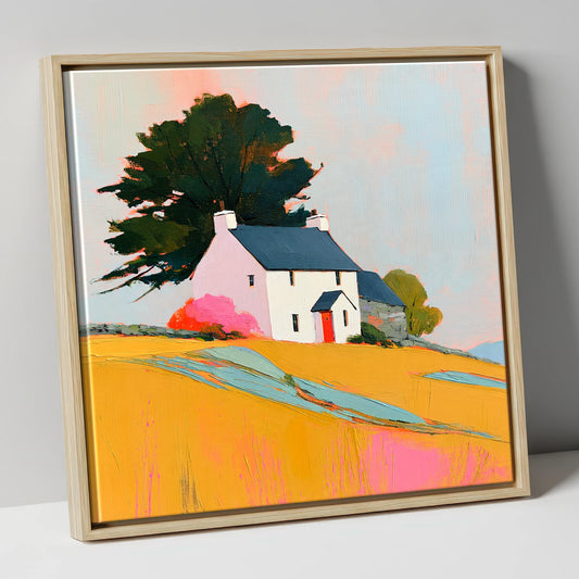 White Stone Cottage in Golden Fields lake district village canvas wall art in natural frame