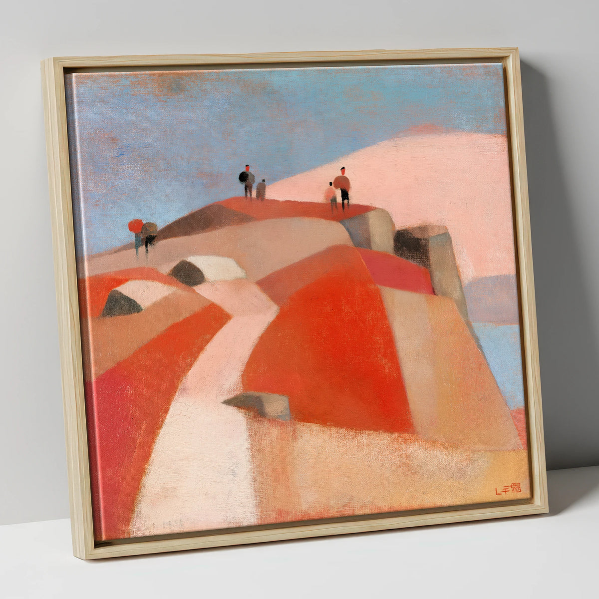 Fell Walkers on a Terracotta Summit lake district fell canvas wall art in natural frame