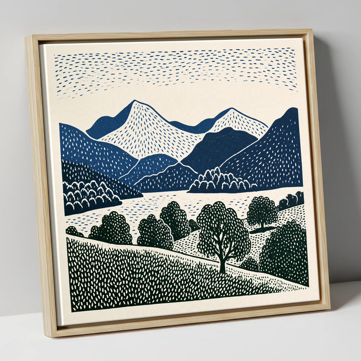Grasmere Fells in Graphic Navy lake district lake canvas wall art in natural frame