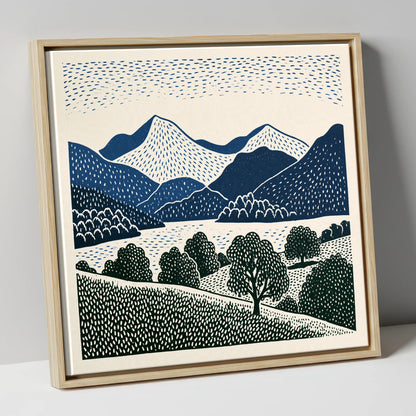 Grasmere Fells in Graphic Navy lake district lake canvas wall art in natural frame