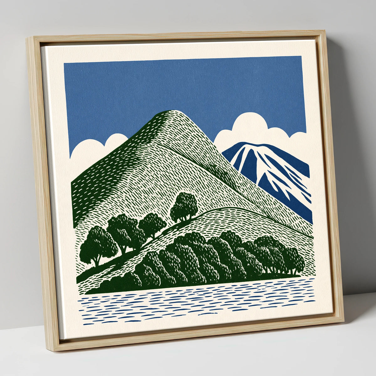Catbells in Green and Navy lake district fell canvas wall art in natural frame