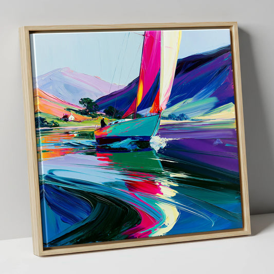 Vibrant Sailboat Beneath Purple Fells lake district walking canvas wall art in natural frame