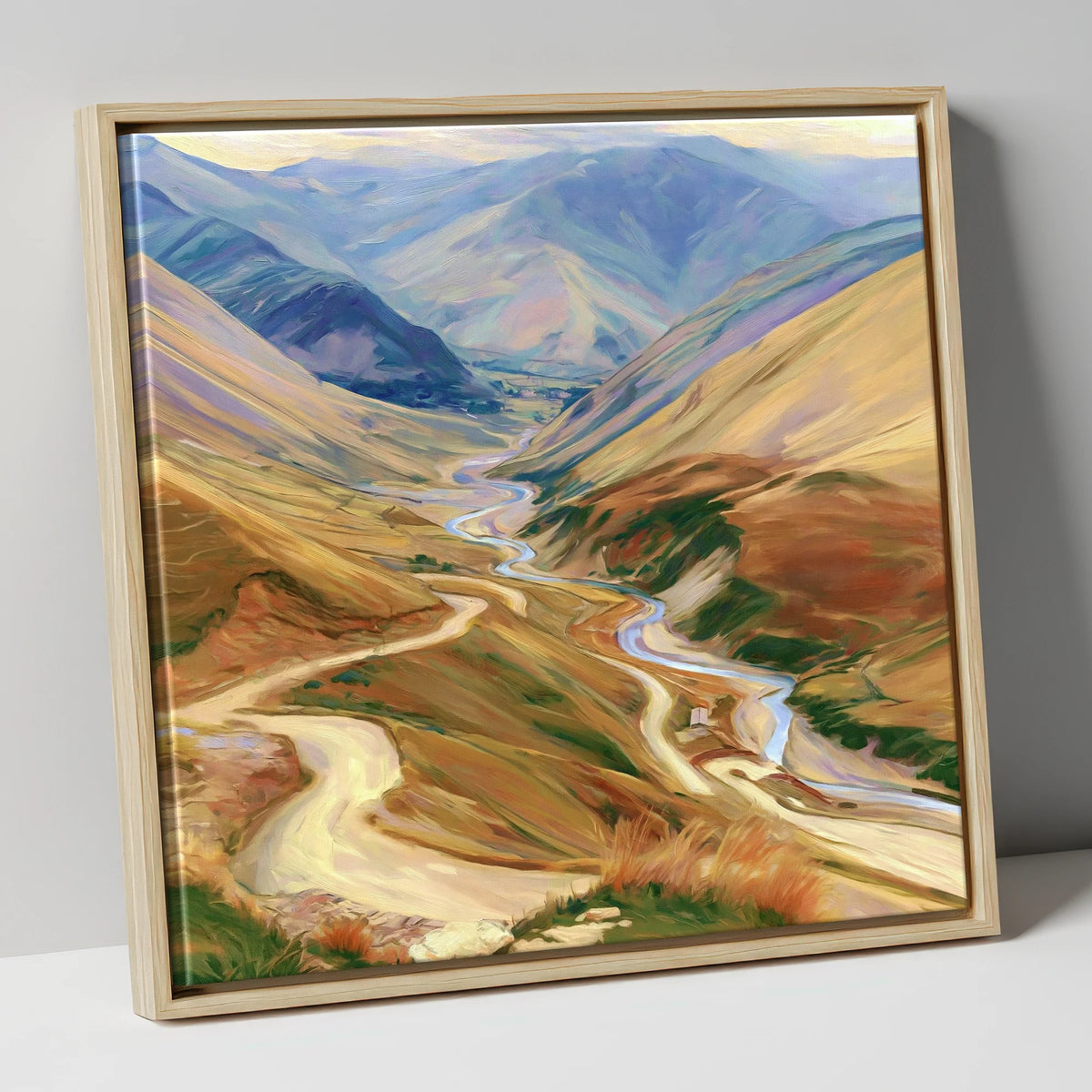 Winding Mountain Pass and Beck lake district valley canvas wall art in natural frame