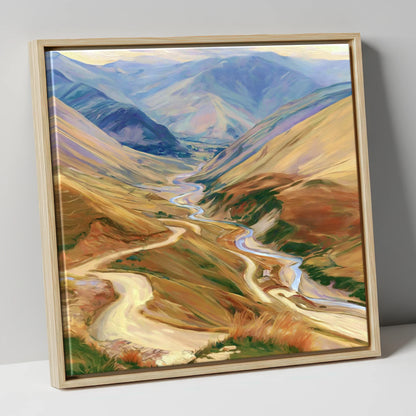 Winding Mountain Pass and Beck lake district valley canvas wall art in natural frame