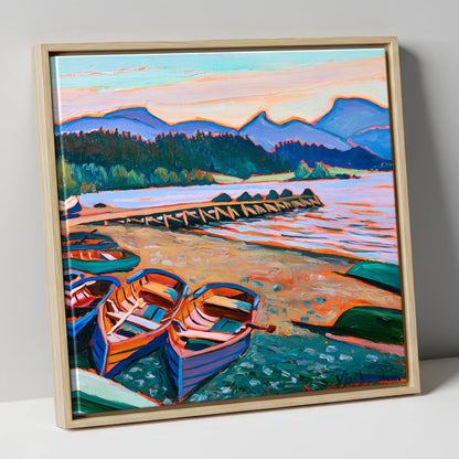 Colourful Windermere Rowing Boats lake district lake canvas wall art in natural frame