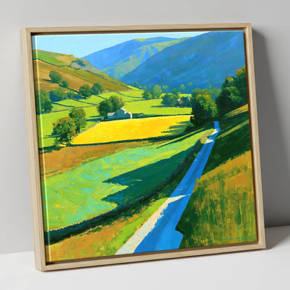 Vibrant Valley Below Blue Fells lake district valley canvas wall art in natural frame
