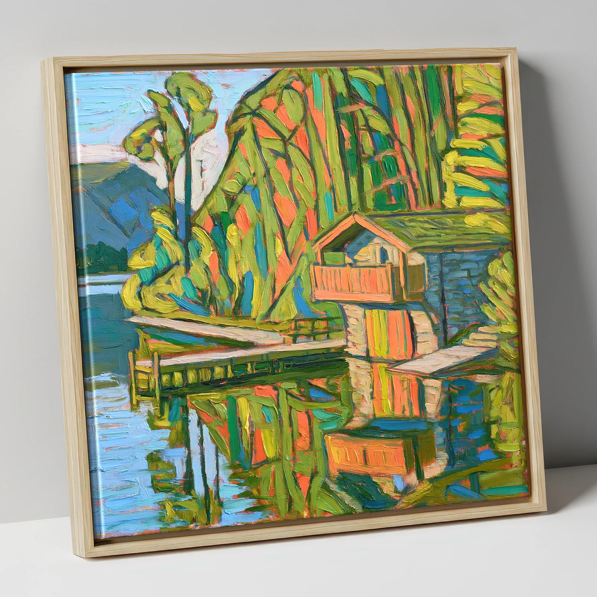 Vivid Pooley Bridge Boathouse lake district village canvas wall art in natural frame