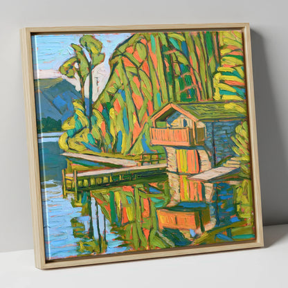 Vivid Pooley Bridge Boathouse lake district village canvas wall art in natural frame