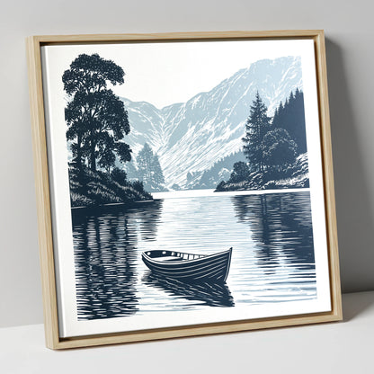 Rowing Boat at Blue Dawn lake district lake canvas wall art in natural frame