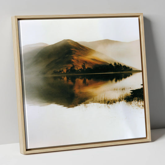 Calm Lake Reflection in Copper Light lake district lake canvas wall art in natural frame