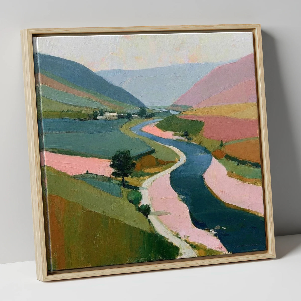 Winding River Valley in Pink lake district waterfall canvas wall art in natural frame