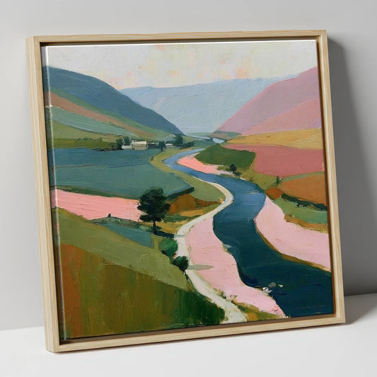 Winding River Valley in Pink lake district waterfall canvas wall art in natural frame