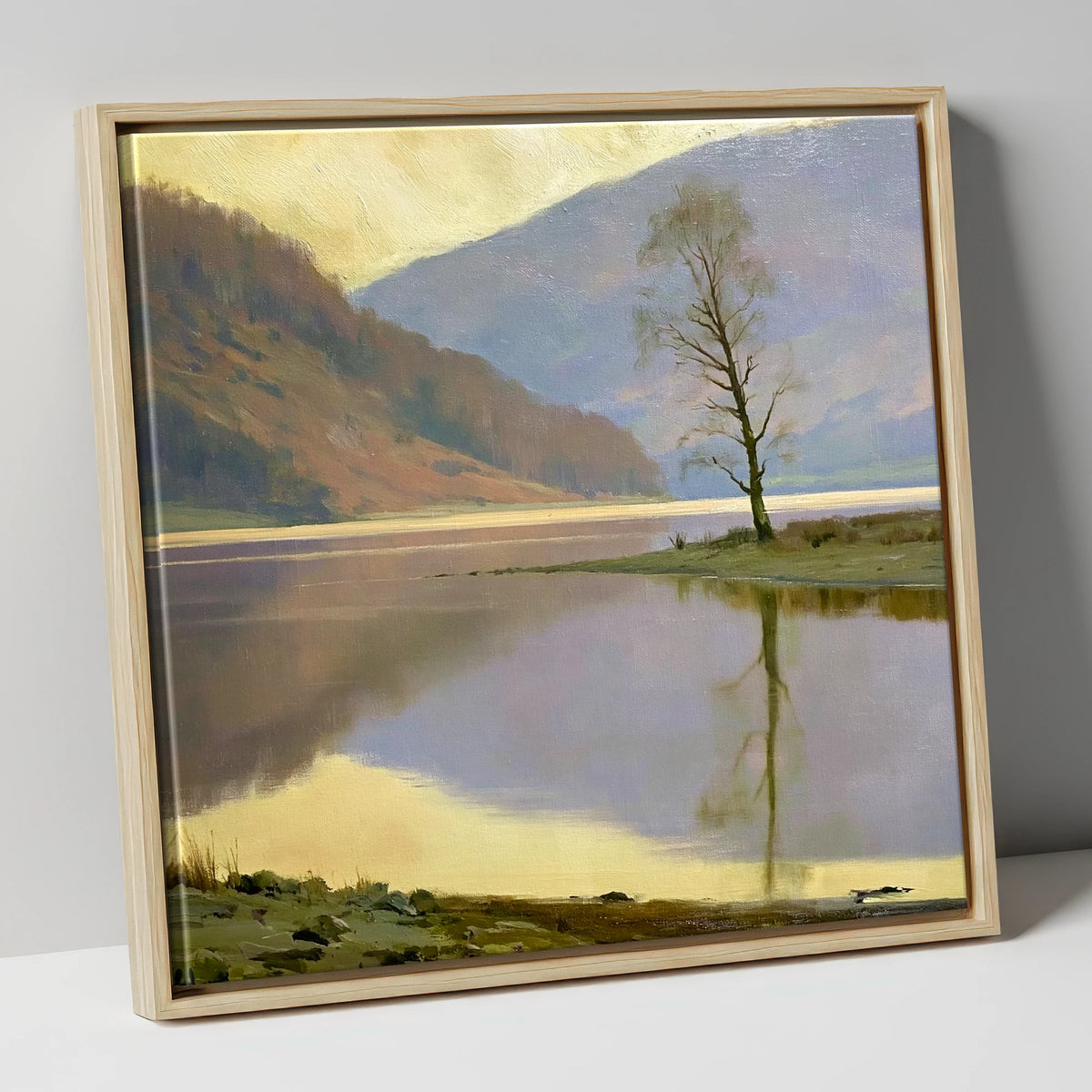 Lone Tree at Bassenthwaite Lake lake district lake canvas wall art in natural frame