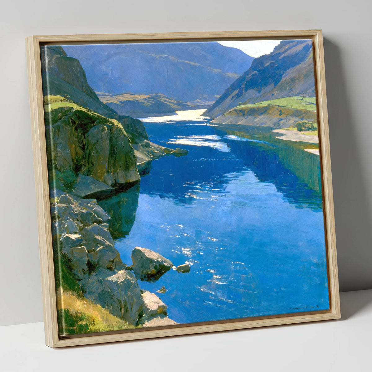 Brilliant Blue Lake and Fells lake district lake canvas wall art in natural frame