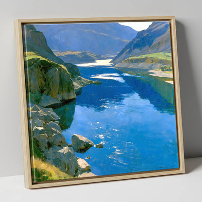 Brilliant Blue Lake and Fells lake district lake canvas wall art in natural frame