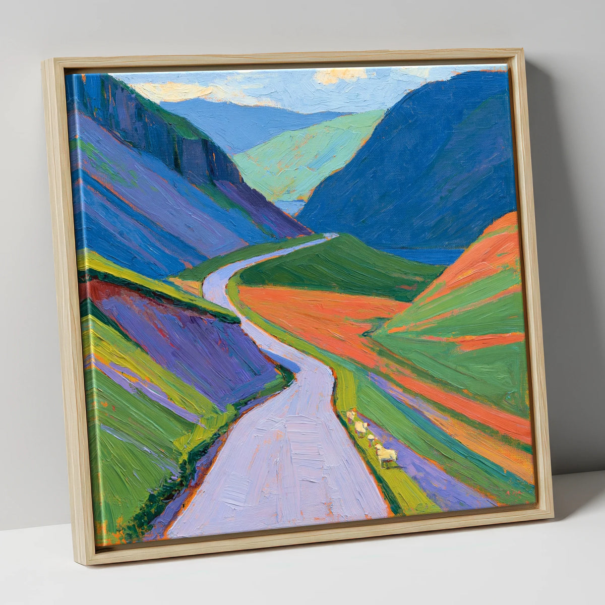 Winding Pass and Cobalt Fells lake district valley canvas wall art in natural frame