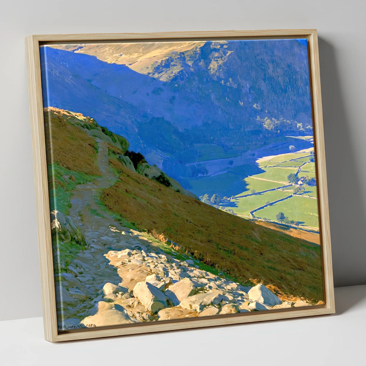 Stony Descent to Patterdale Valley lake district village canvas wall art in natural frame