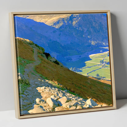 Stony Descent to Patterdale Valley lake district village canvas wall art in natural frame