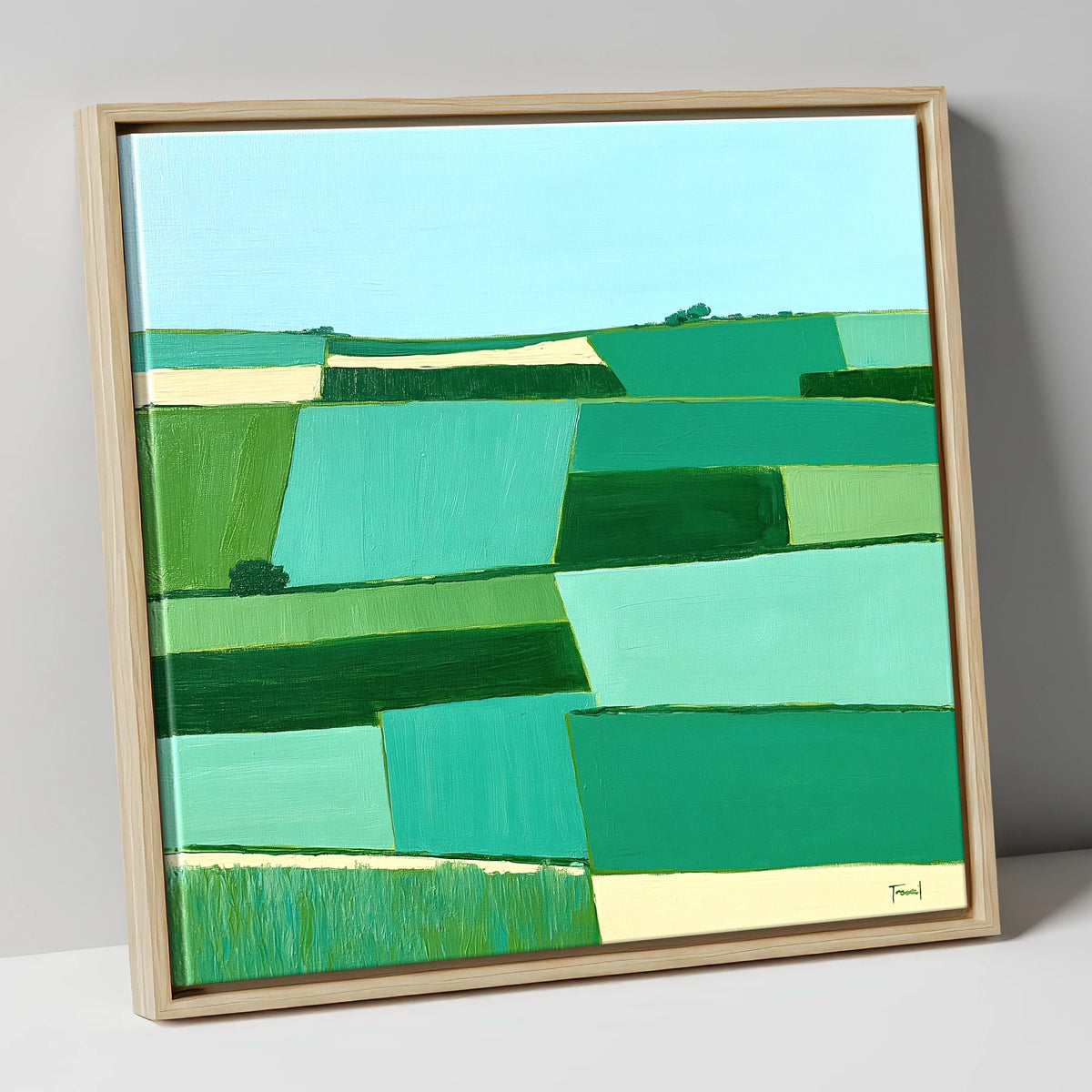 Green Patchwork Dale Fields lake district valley canvas wall art in natural frame
