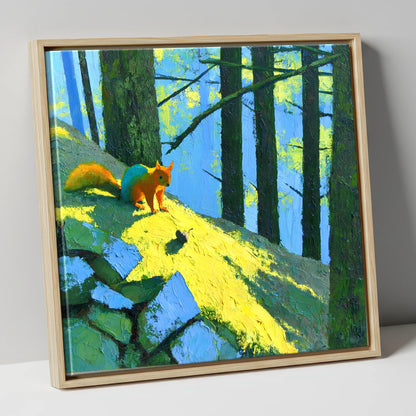 Red Squirrel in Sunlit Woodland lake district wildlife canvas wall art in natural frame