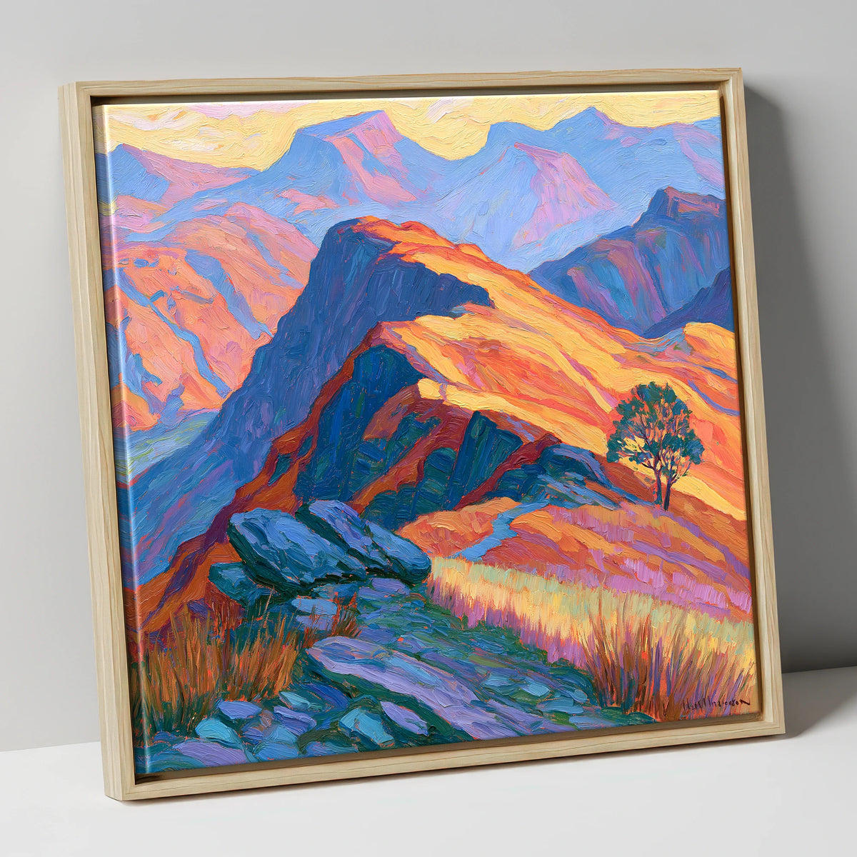 Vibrant Sunlit Mountain Ridge lake district fell canvas wall art in natural frame
