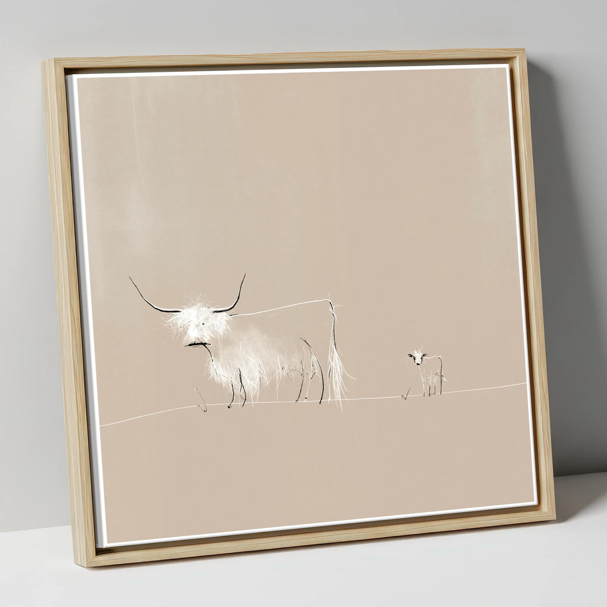 Highland Cattle on Warm Beige lake district wildlife canvas wall art in natural frame