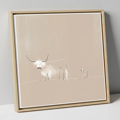 Highland Cattle on Warm Beige lake district wildlife canvas wall art in natural frame
