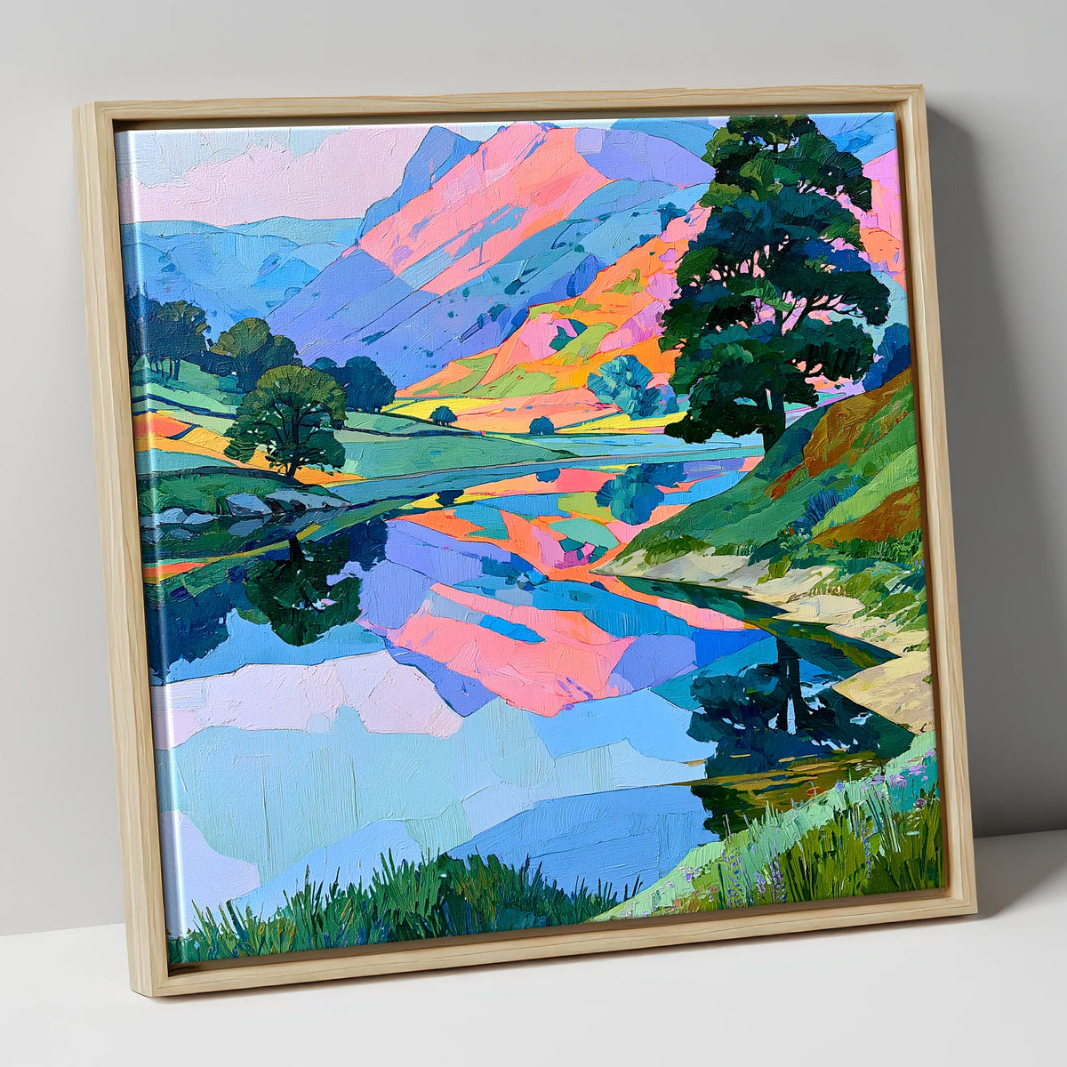 Pastel Fells and Calm Lake Reflections lake district lake canvas wall art in natural frame