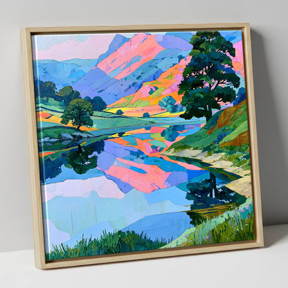 Pastel Fells and Calm Lake Reflections lake district lake canvas wall art in natural frame