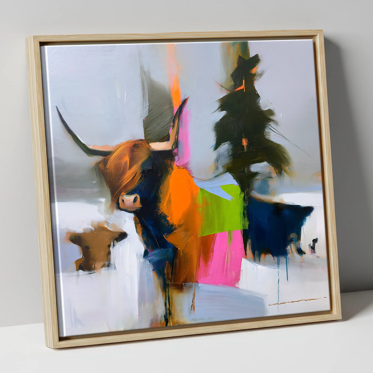Highland Cow in Vibrant Colour lake district wildlife canvas wall art in natural frame