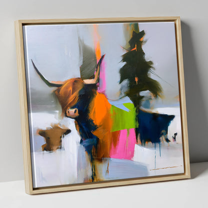 Highland Cow in Vibrant Colour lake district wildlife canvas wall art in natural frame