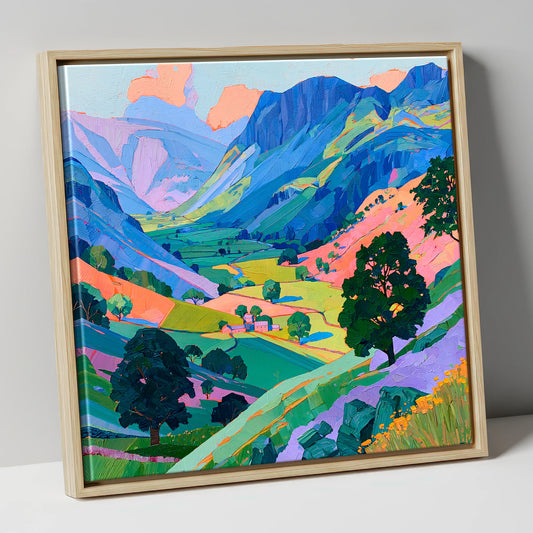 Vibrant Valley Between Blue Fells lake district valley canvas wall art in natural frame