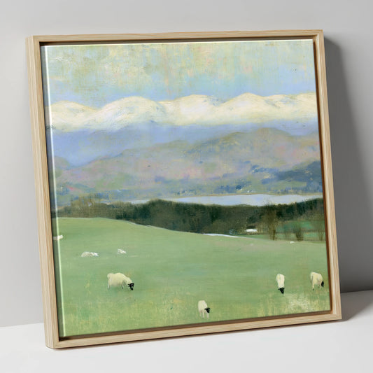 Hawkshead Pastures and Snow-Capped Fells lake district village canvas wall art in natural frame