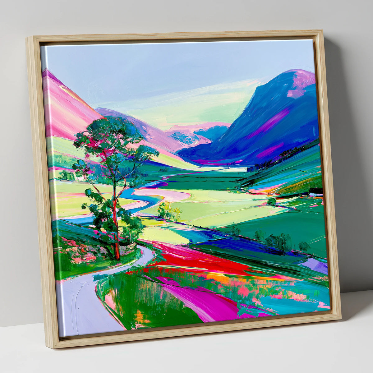 Vibrant Valley Road Beneath Pink Fells lake district valley canvas wall art in natural frame